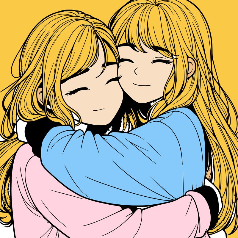 realistic two girls hugging