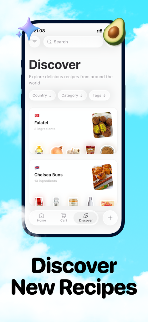 Culin: AI Recipes & Cooking - Culin mobile app Discover screen featuring international recipe cards for falafel and chelsea buns with ingredient counts.