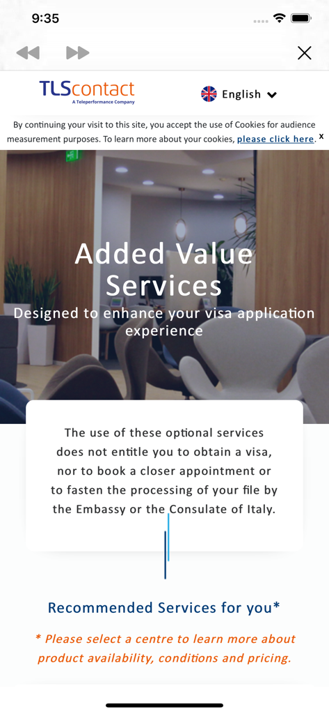 A screenshot from the TLS for Italy app showing the added value services page for visa application enhancement.