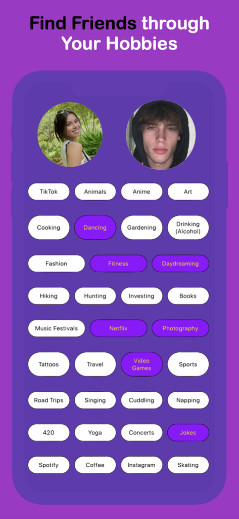 Cuff: Video Chat, Make Friends - Pantalla de la aplicación Cuff mostrando opciones de pasatiempos para que los usuarios encuentren amigos compatibles.
