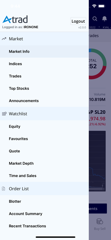 Menú de navegación de la aplicación de trading de acciones ATrad que muestra la lista de seguimiento del mercado y las secciones de la lista de pedidos