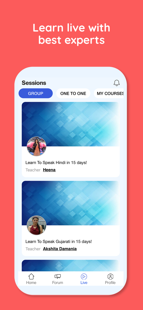 Language Curry - Speak Indian - Language Curry app interface showing live group sessions for Hindi and Gujarati with expert teachers