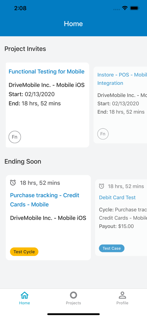 Pantalla de inicio de la aplicación uTest mostrando invitaciones de proyectos para tareas de pruebas móviles y pagos