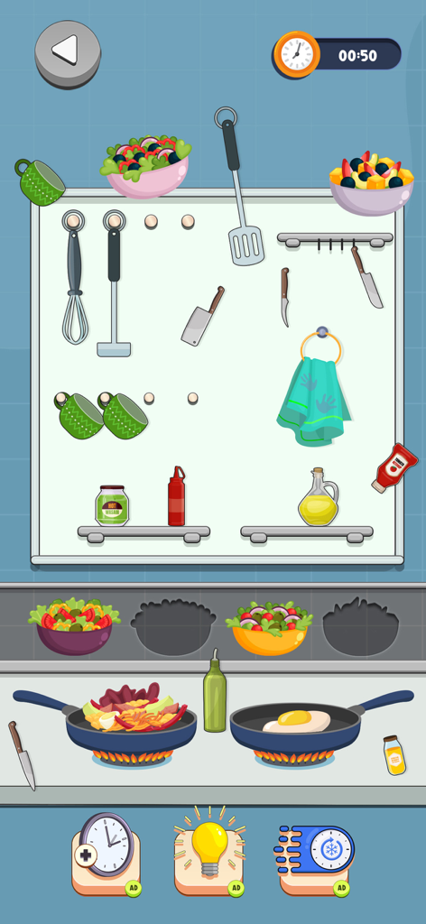 Perfect Organizing: Tidy Games - Una captura de pantalla de un nivel de puzzle de organización de cocina en la aplicación Perfect Organizing Tidy Games