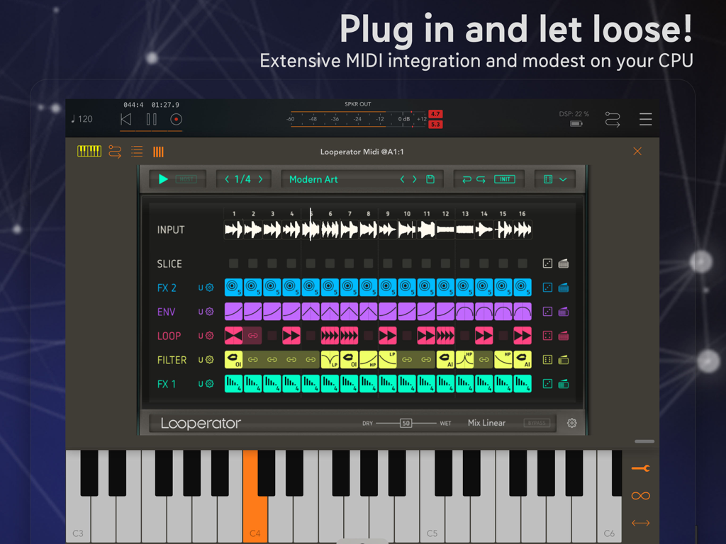Interface de production musicale Looperator sur iPad montrant des pistes de séquenceur multipiste et un clavier de piano numérique