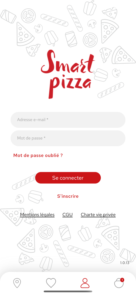 Smart Pizza - Smart Pizza mobile app login page with email and password fields