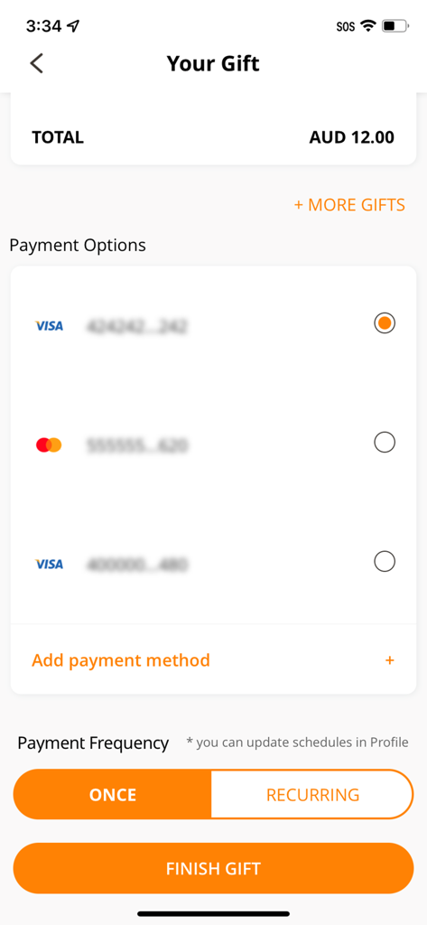 Checkout screen of the eGiving app showing payment options and gift frequency selection