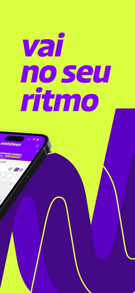 Netshoes sports app interface on a smartphone with a vibrant yellow background and purple text saying vai no seu ritmo.