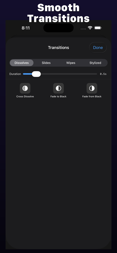 Montaj - Video Editor - Montaj video editor transition settings showing dissolve effects and duration controls