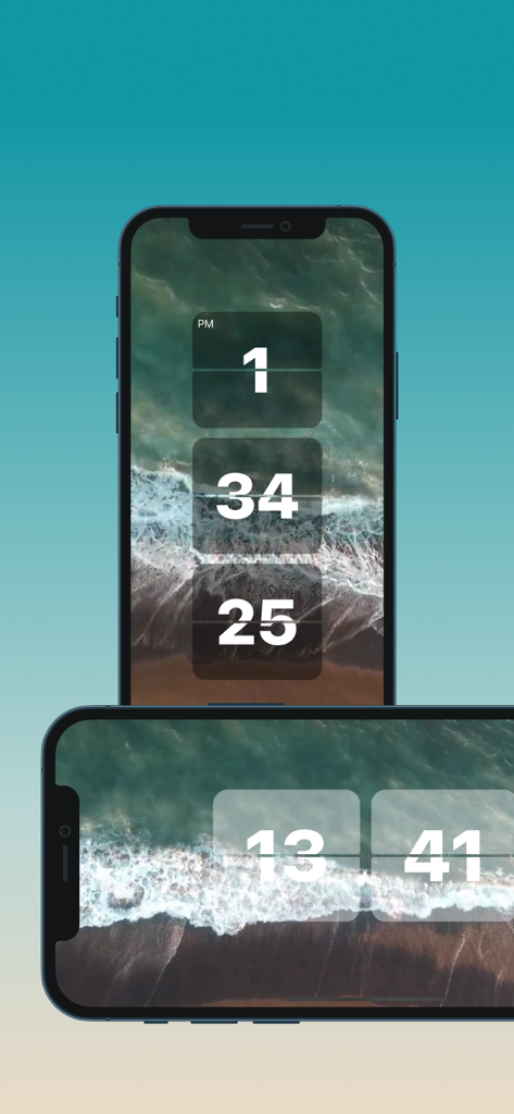 Heal Clock - Heal Clock app displaying a minimalist flip clock over an ocean wave background on two smartphone screens