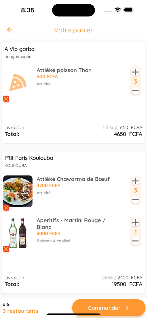 Schermata di checkout dell'app mobile Bonbiz Food che mostra più ordini di cibo da ristoranti diversi in Burkina Faso con prezzi e costi di consegna.