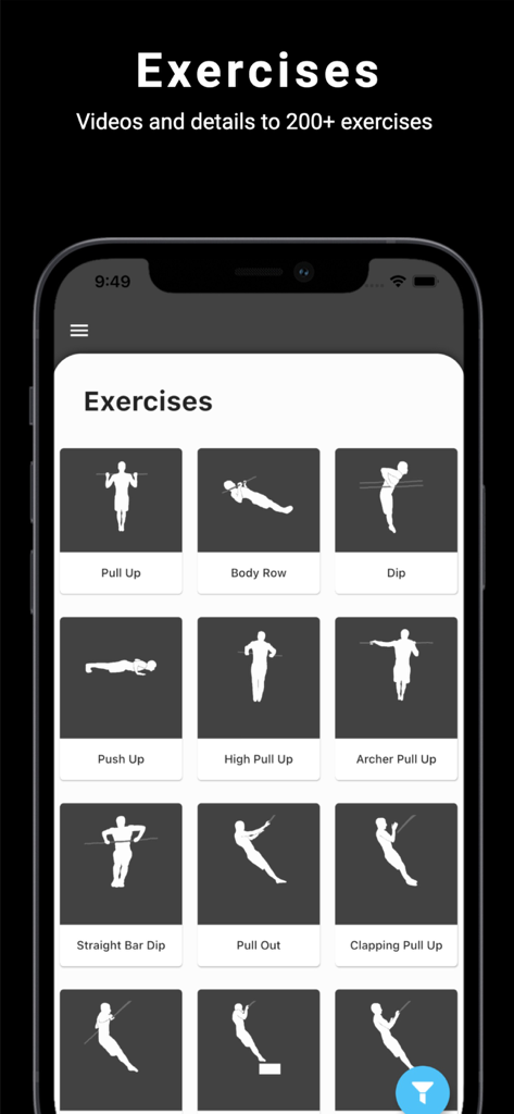 Thenics app screen showing a library of bodyweight exercises including pull ups push ups and dips