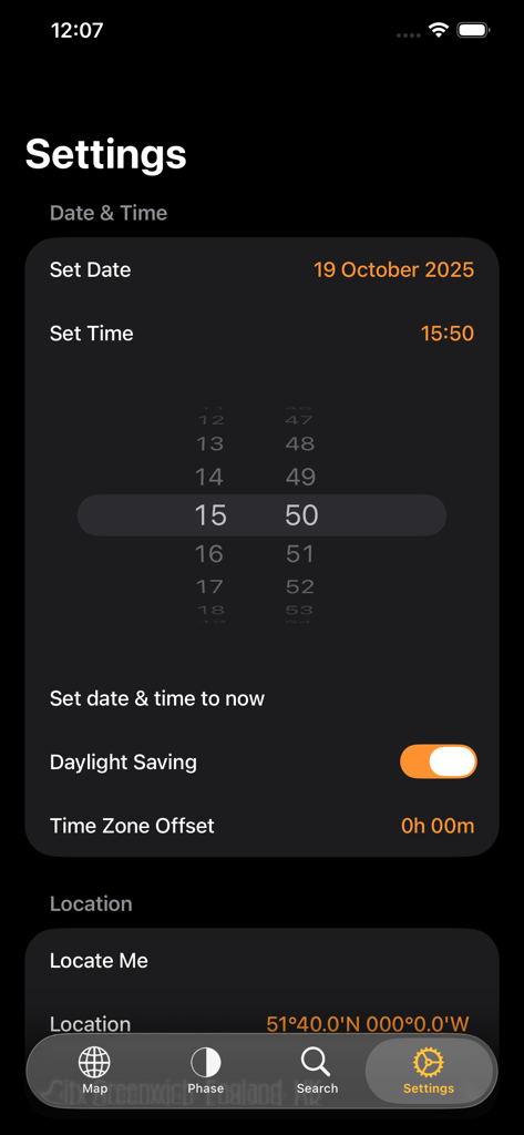 Mercury Atlas - マーキュリー・アトラスアプリの設定画面。日付、時刻、観測者の場所の設定が表示されます。
