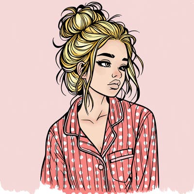 realistic woman with pajamas on and a messy bun