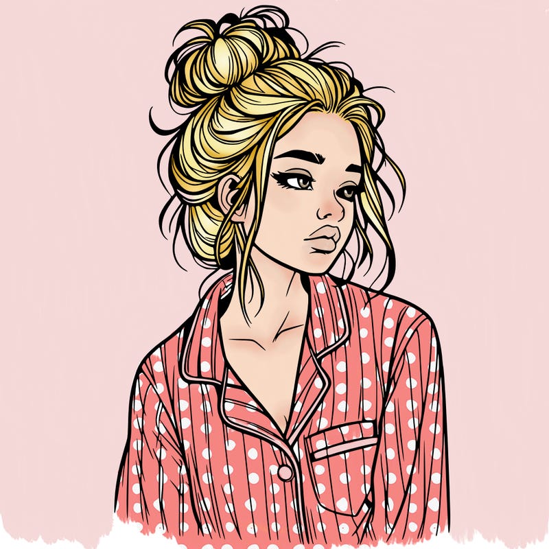 realistic woman with pajamas on and a messy bun