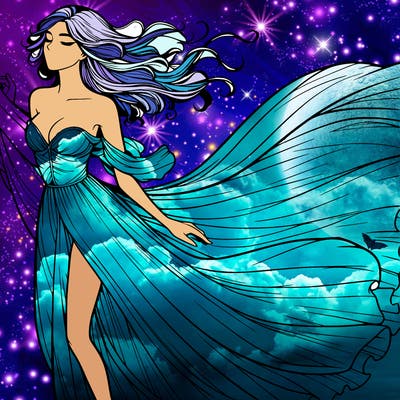 realistic woman in dress flowing the the wind