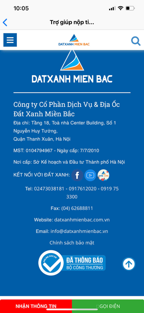 Contact information screen for Dat Xanh Mien Bac real estate app including office address in Hanoi and social media links