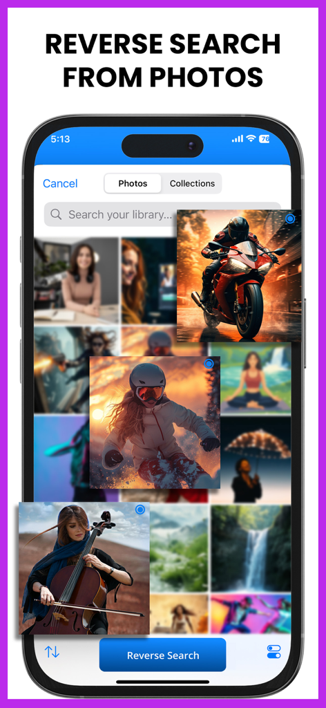Image Search - Reverse Image - iPhone app screen showing how to perform a reverse image search using photos from the gallery