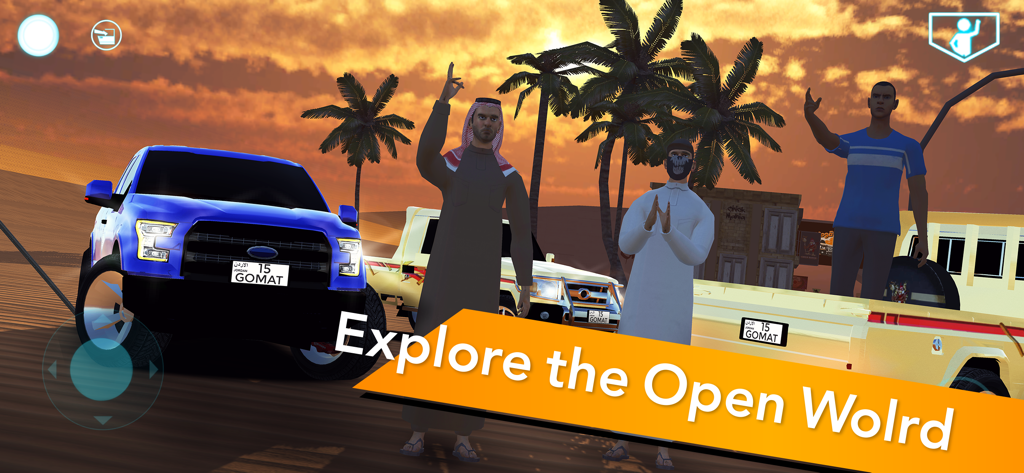 Characters standing by pickup trucks in a sunset desert landscape in the Gomat racing game