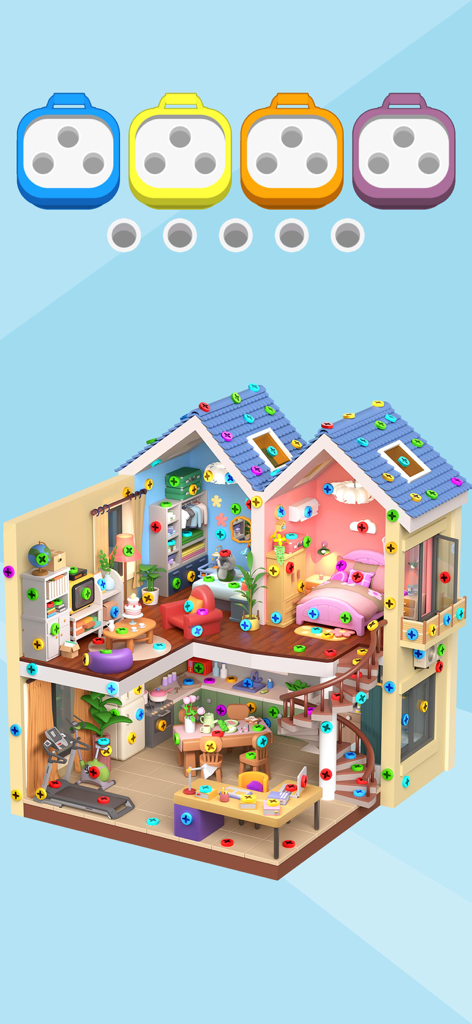 A 3D isometric dollhouse covered in colorful screws and nuts in the game Screw Sort Jam.