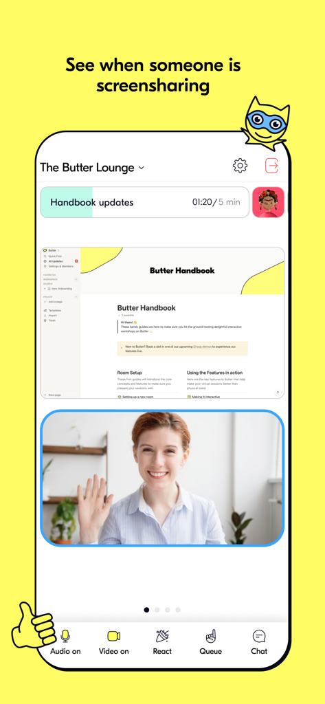 Butter: Virtual workshop tool - Butter mobile app interface showing a shared document and participant video during a workshop