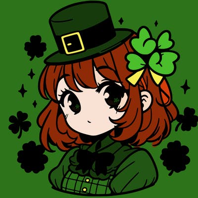 a manga-style girl with clovers around her, a little hat in her hair, like it's saint patrick's day