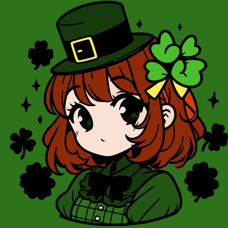 a manga-style girl with clovers around her, a little hat in her hair, like it's saint patrick's day