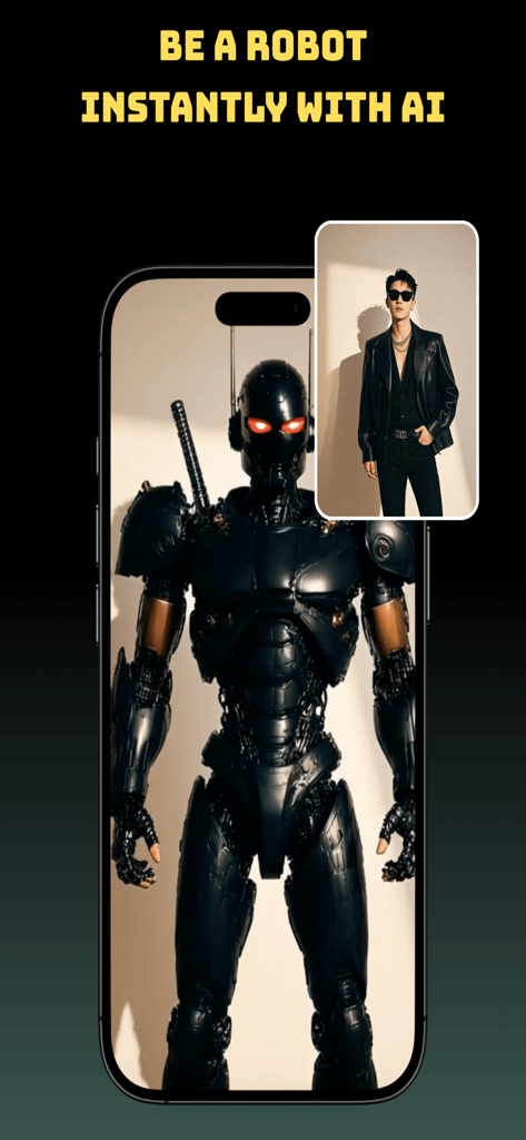 Interfaz de la aplicación NanoBanana que muestra la foto de un hombre transformado en un robot negro con ojos brillantes usando IA