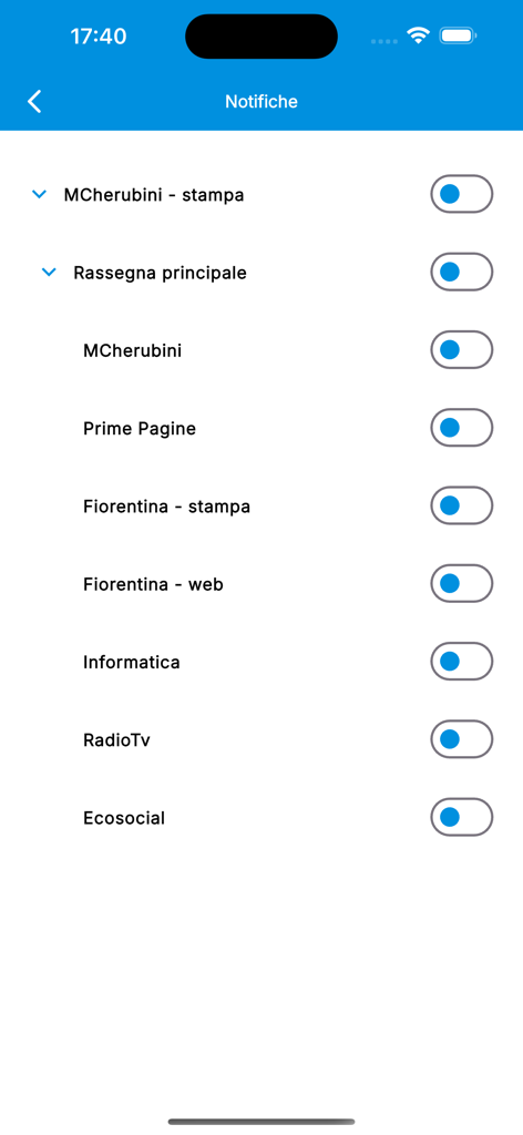L'Eco della Stampa - Rassegna - Pantalla de configuración de notificaciones en la aplicación L'Eco della Stampa, mostrando varios interruptores para categorías de noticias.