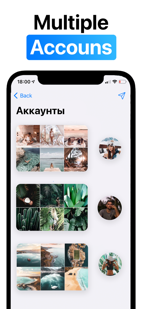Feed Planner: Preview Posts - Mobile interface of Feed Planner app showing grid previews for multiple social media accounts and profile photos