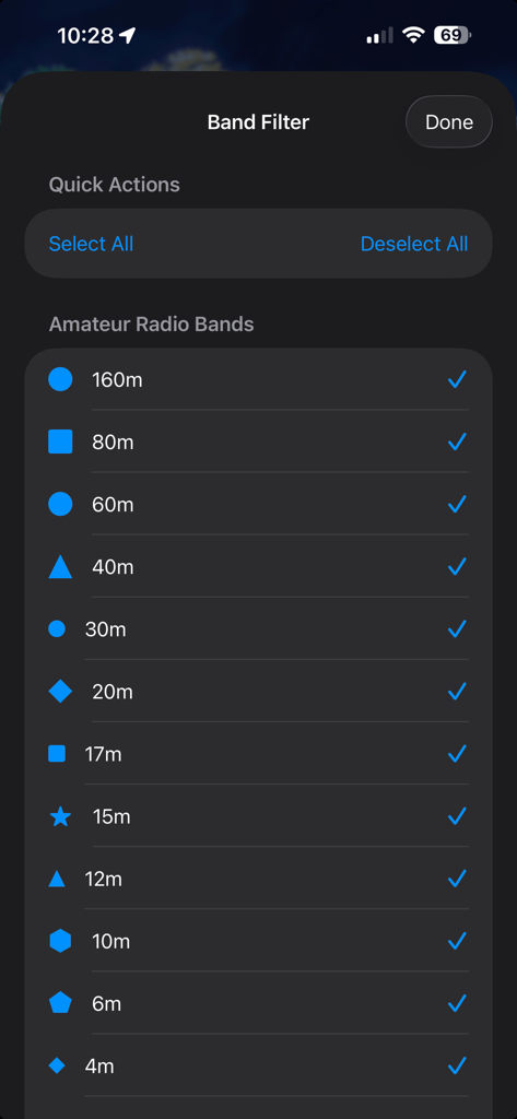 A settings screen in the PSKReporter Client app displaying a list of amateur radio bands with selection checkboxes for filtering propagation data.