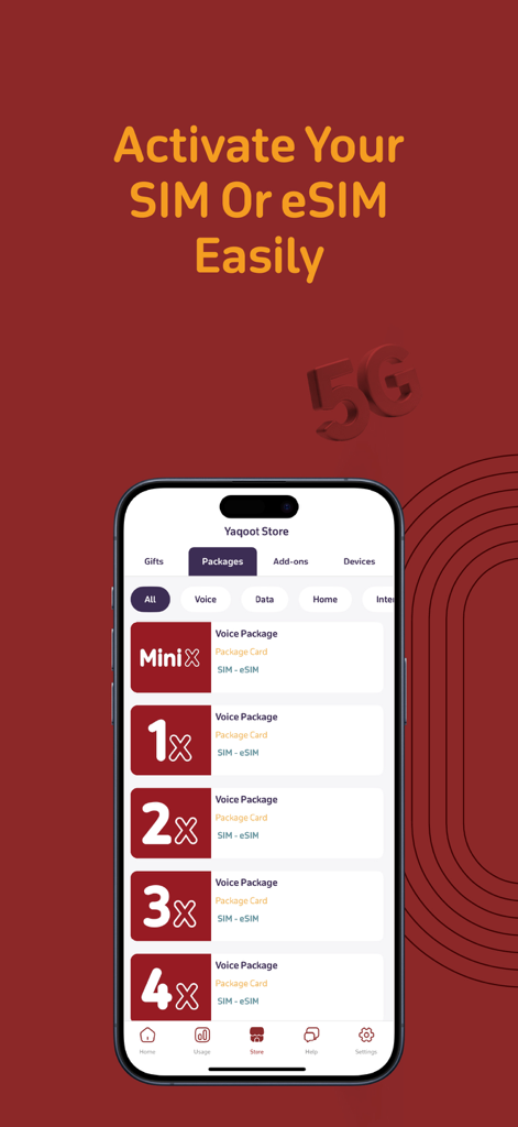 Yaqoot app interface displaying various voice packages for SIM and eSIM activation