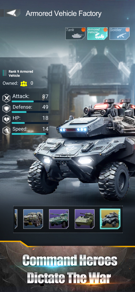 Vista detallada de un vehículo blindado de rango 9 con estadísticas de ataque y defensa en el juego de estrategia móvil Age of Warpath.