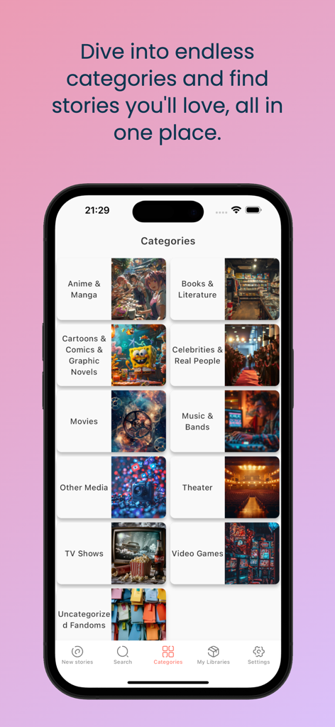 Fanfict Reader AO3 unofficial - A mobile screen showing various fanfiction categories like Anime and Manga, Books, and Movies in the AO3 reader app.
