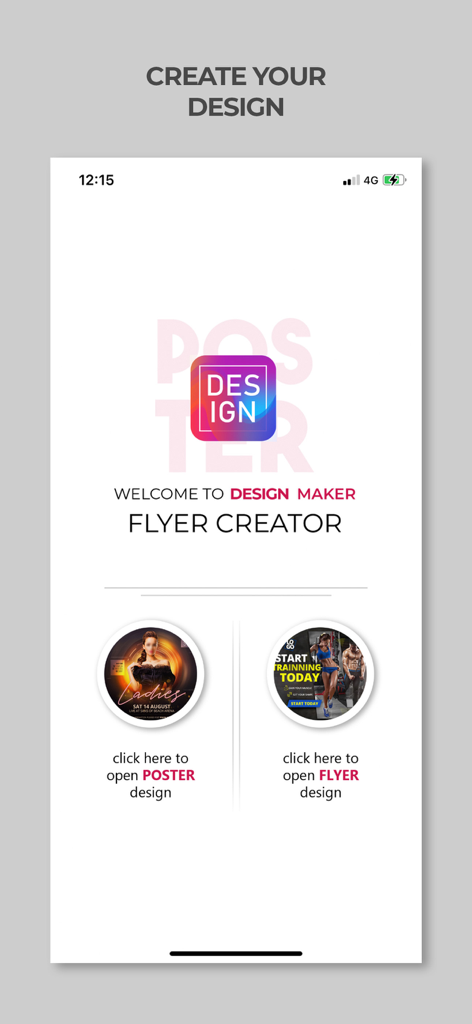 Home screen of the Poster Maker and Flyer Creator app showing options to create poster or flyer designs.