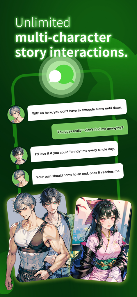 Interface of FLAI app showing a group chat with multiple anime-style AI characters and supportive dialogue bubbles