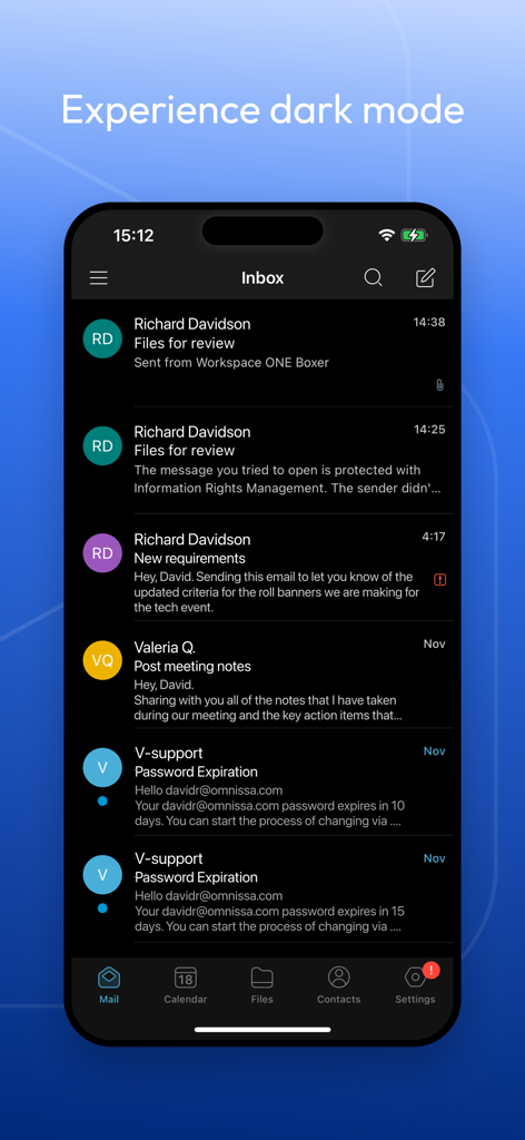 Boxer - Workspace ONE - Workspace ONE Boxer mobile email inbox in dark mode interface