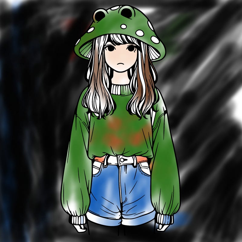 a realistic girl with a frog hat and baggy mushroom shirt
