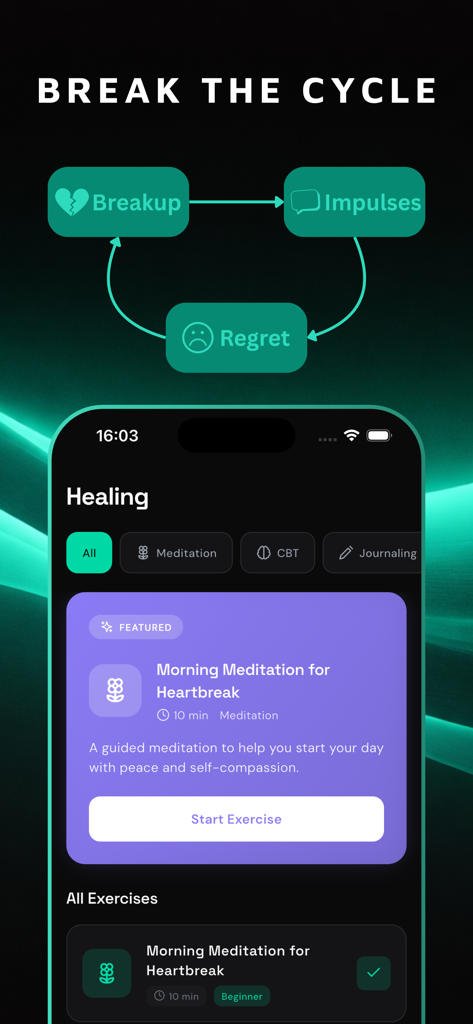 No Contact: HealDays - Interfaccia dell'app HealDays che mostra un diagramma del ciclo di guarigione post-rottura e un esercizio di meditazione mattutina per il cuore spezzato.