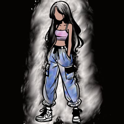 girl in baggy pants crop top and long hair