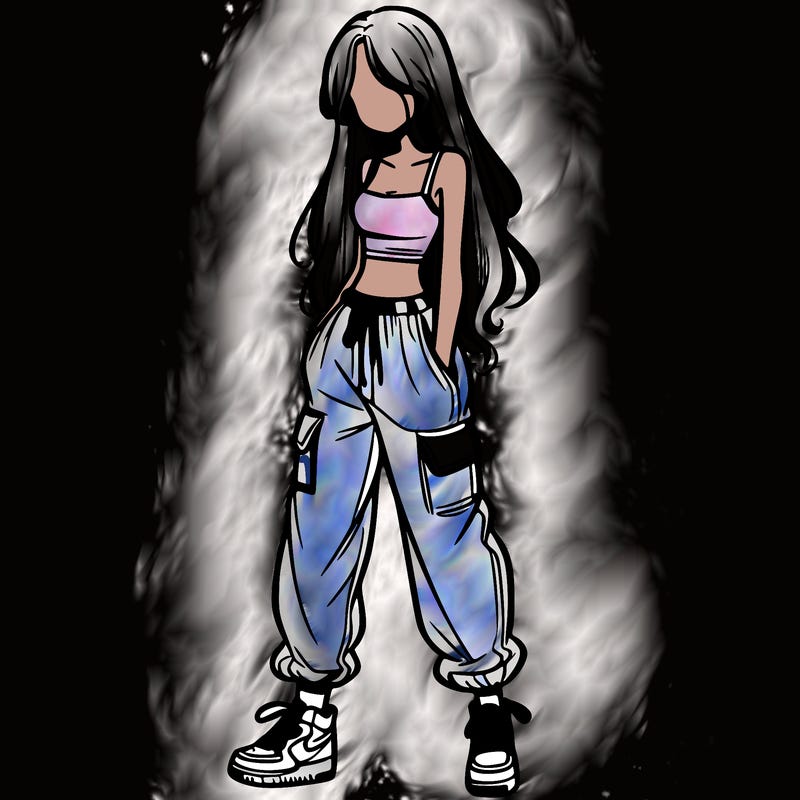 girl in baggy pants crop top and long hair