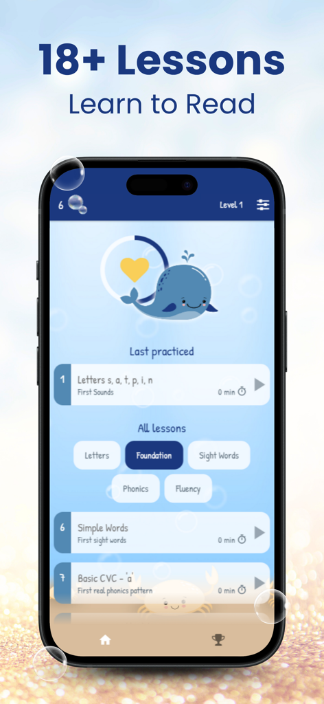 Learn to Read Autism ADHD - Interface of the Learn to Read app for Autism and ADHD showing over 18 lessons and a friendly whale character