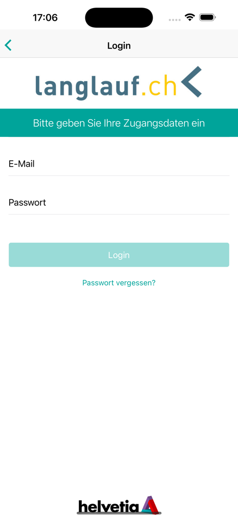 Login screen for the Digitaler Langlaufpass mobile app featuring email and password input fields and the langlauf.ch logo.