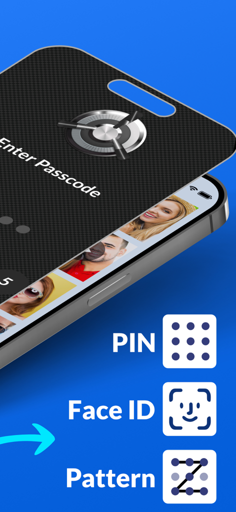 Best Secret Folder app interface showing security unlock options including PIN Face ID and Pattern lock