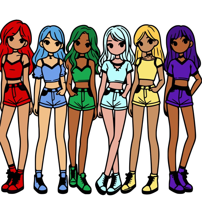 a group of girls wearing crop tops and shorts
