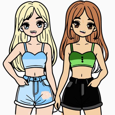 two sisters with crop tops and jean shorts and straight hair