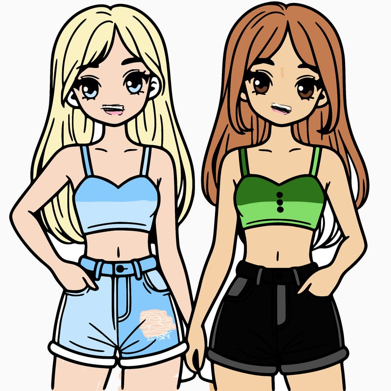 two sisters with crop tops and jean shorts and straight hair