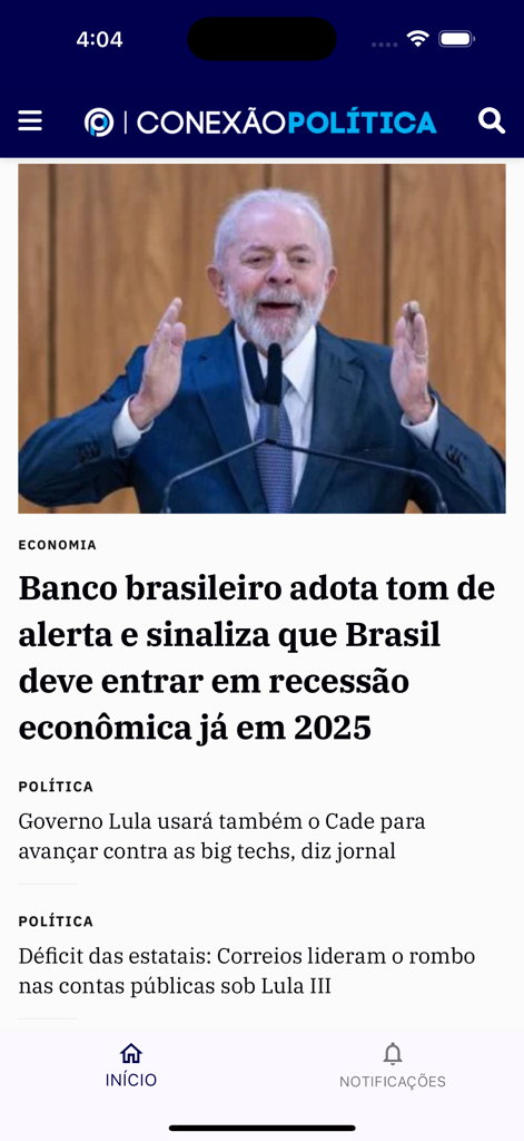 Conexão Política - Interface do aplicativo Conexao Politica mostrando manchetes de notícias sobre a economia e a política brasileira.