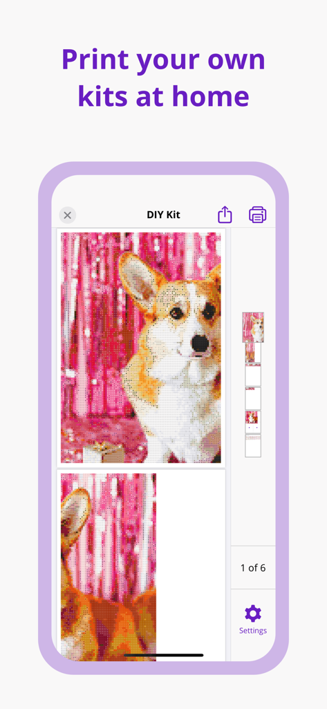 Dotterly: Diamond painting - Smartphone screen showing the Dotterly app interface for printing a custom Corgi diamond painting pattern
