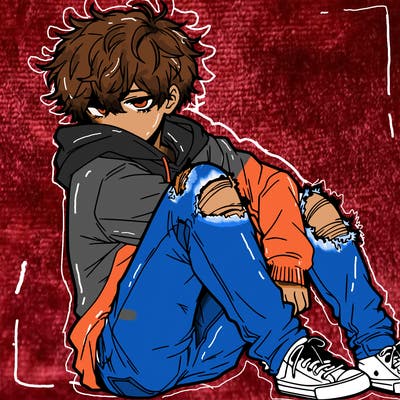 a male hoddie ripped jeans messy hair anime